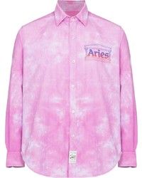 Camicia a maniche lunghe di velluto a coste effetto tie-dye rosa di Aries