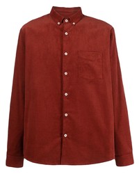 Camicia a maniche lunghe di velluto a coste ricamata rossa