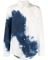 Camicia a maniche lunghe effetto tie-dye bianca e blu scuro di Alexander McQueen