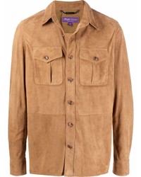 Camicia a maniche lunghe in pelle scamosciata marrone chiaro di Ralph Lauren Purple Label
