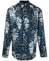 Camicia a maniche lunghe leopardata blu scuro di Roberto Cavalli