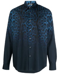 Camicia a maniche lunghe leopardata blu scuro di Roberto Cavalli