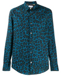 Camicia a maniche lunghe leopardata blu di Paul Smith