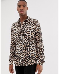 Camicia a maniche lunghe leopardata marrone