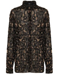 Camicia a maniche lunghe leopardata marrone scuro di Versace