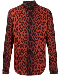 Camicia a maniche lunghe leopardata rossa di Roberto Cavalli