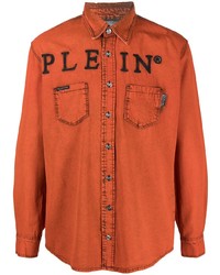Camicia a maniche lunghe ricamata arancione di Philipp Plein