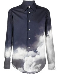 Camicia a maniche lunghe stampata blu scuro e bianca di Alexander McQueen