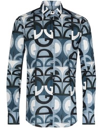 Camicia a maniche lunghe stampata blu scuro e bianca di Dolce & Gabbana