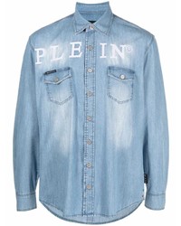 Camicia di jeans ricamata azzurra di Philipp Plein