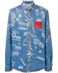 Camicia di jeans stampata blu di Versace