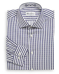 Camicia elegante a righe verticali bianca e blu scuro