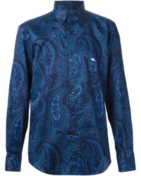 Camicia elegante con stampa cachemire blu scuro di Etro