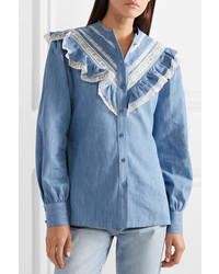 Camicia elegante in chambray con volant blu di Gucci