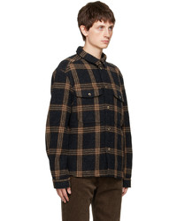 Camicia giacca di lana a quadri blu scuro di De Bonne Facture