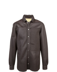 Camicia giacca in pelle marrone scuro di Rick Owens