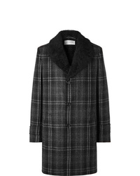 Cappotto con collo di pelliccia a quadri grigio scuro di Saint Laurent