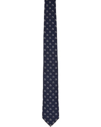 Cravatta di seta stampata blu scuro e bianca