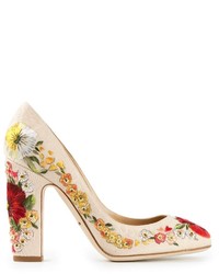 Décolleté in pelle a fiori beige di Dolce & Gabbana