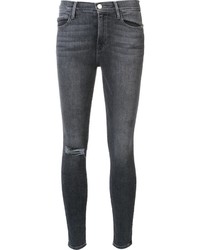 Jeans aderenti di cotone strappati grigio scuro di Frame