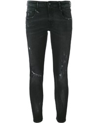 Jeans aderenti di cotone strappati grigio scuro di R 13