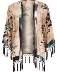 Kimono a fiori marrone chiaro