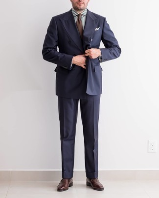 Come indossare e abbinare una cravatta marrone per un uomo di 30 anni: Prova ad abbinare un abito blu scuro con una cravatta marrone per un look elegante e alla moda. Scegli un paio di scarpe oxford in pelle marrone scuro come calzature per un tocco più rilassato.