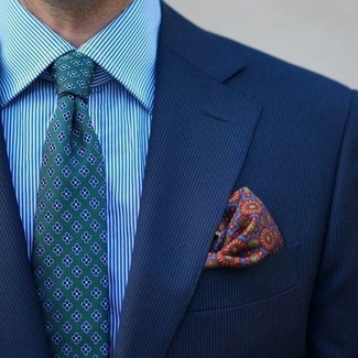 Come indossare e abbinare una camicia elegante a righe verticali azzurra per un uomo di 30 anni in modo smart-casual: Mostra il tuo stile in una camicia elegante a righe verticali azzurra con un blazer a righe verticali blu se cerchi uno stile ordinato e alla moda.