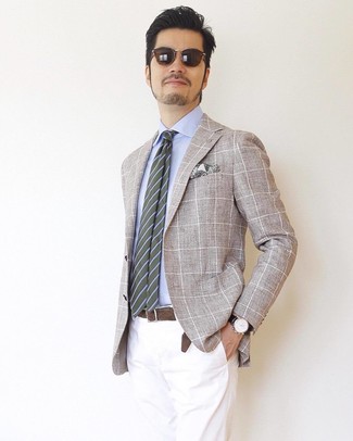 Come indossare e abbinare una cravatta a righe orizzontali foglia di tè per un uomo di 30 anni: Scegli un outfit composto da un blazer a quadri beige e una cravatta a righe orizzontali foglia di tè per un look elegante e alla moda.