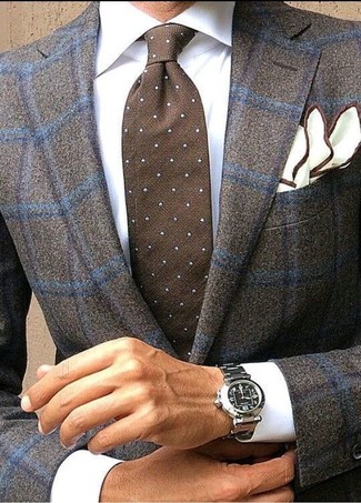 Come indossare e abbinare una cravatta a pois terracotta in modo smart-casual: Mostra il tuo stile in un blazer di lana a quadri marrone scuro con una cravatta a pois terracotta per un look elegante e di classe.