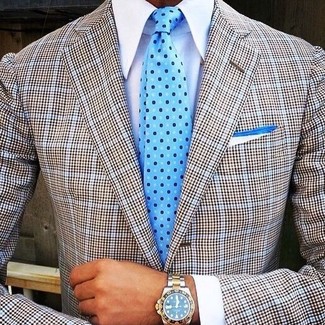 Come indossare e abbinare una cravatta acqua per un uomo di 30 anni quando fa caldo: Scegli un blazer scozzese grigio e una cravatta acqua per un look elegante e alla moda.