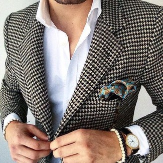Come indossare e abbinare una giacca con motivo pied de poule per un uomo di 30 anni: Scegli un outfit composto da una giacca con motivo pied de poule e una camicia elegante bianca per essere sofisticato e di classe.