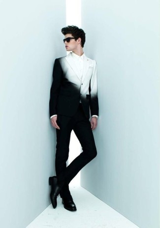 Quale camicia elegante indossare con un blazer nero e bianco: Scegli un blazer nero e bianco e una camicia elegante per un look elegante e alla moda. Scarpe double monk in pelle nere sono una valida scelta per completare il look.