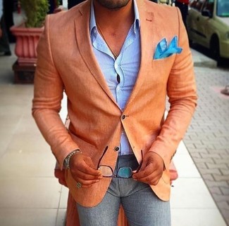 Come indossare e abbinare un fazzoletto da taschino acqua per un uomo di 30 anni in modo formale: Indossa un blazer arancione con un fazzoletto da taschino acqua per un look comfy-casual.