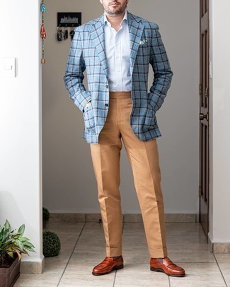 Quale pantaloni eleganti indossare con un blazer acqua: Metti un blazer acqua e pantaloni eleganti come un vero gentiluomo. Mocassini eleganti in pelle terracotta sono una gradevolissima scelta per completare il look.