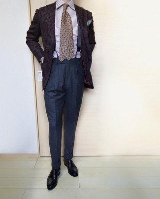 Come indossare e abbinare bretelle: Potresti abbinare un blazer scozzese marrone scuro con bretelle per un look comfy-casual. Per le calzature, scegli lo stile classico con un paio di mocassini eleganti in pelle neri.
