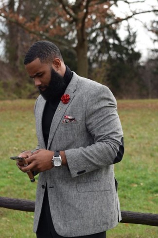 Come indossare e abbinare un fazzoletto da taschino a fiori rosso: Indossa un blazer grigio e un fazzoletto da taschino a fiori rosso per un look comfy-casual.