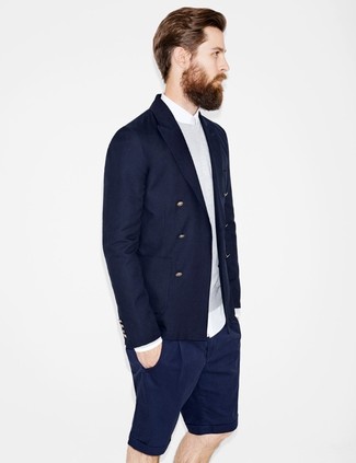 Quale blazer doppiopetto indossare con un maglione girocollo grigio per un uomo di 30 anni quando fa caldo: Mostra il tuo stile in un blazer doppiopetto con un maglione girocollo grigio come un vero gentiluomo.