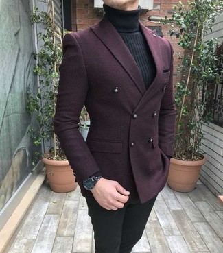 Come indossare e abbinare un blazer bordeaux per un uomo di 30 anni in modo smart-casual: Indossa un blazer bordeaux e chino neri per un look elegante ma non troppo appariscente.