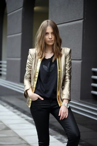 Come indossare e abbinare un blazer lime per una donna di 30 anni in modo smart-casual: Prova a combinare un blazer lime con jeans aderenti in pelle neri per un fantastico look da sfoggiare nel weekend.