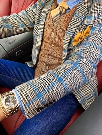 Come indossare e abbinare un fazzoletto da taschino giallo in modo smart-casual: Vestiti con un blazer di lana con motivo pied de poule blu e un fazzoletto da taschino giallo per un'atmosfera casual-cool.