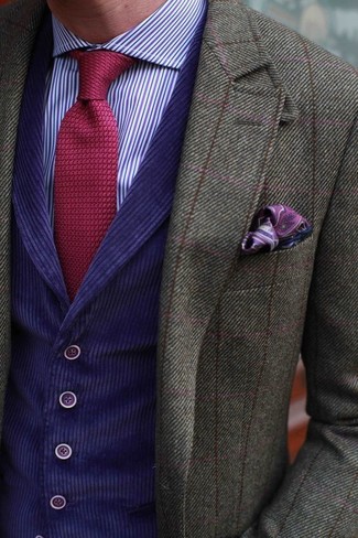 Come indossare e abbinare una camicia elegante viola chiaro in autunno 2024: Indossa una camicia elegante viola chiaro con un blazer di lana a quadri verde oliva per un look davvero alla moda. È eccellente idea per un look autunnale!