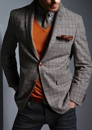 Come indossare e abbinare un fazzoletto da taschino bordeaux per un uomo di 30 anni in modo smart-casual: Indossa un blazer di lana scozzese grigio con un fazzoletto da taschino bordeaux per un look comfy-casual.