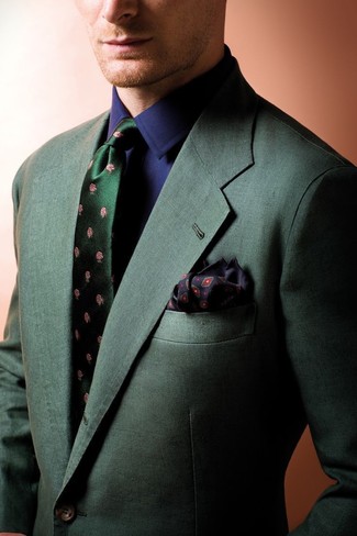 Come indossare e abbinare un fazzoletto da taschino stampato nero per un uomo di 30 anni: Potresti abbinare un blazer verde scuro con un fazzoletto da taschino stampato nero per un outfit rilassato ma alla moda.