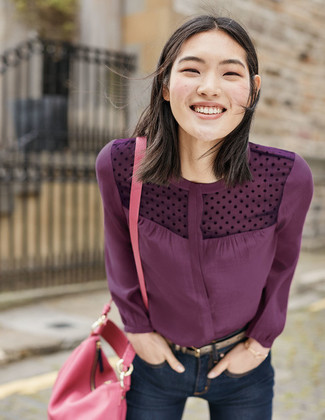 Come indossare e abbinare una cintura lime: Potresti combinare una blusa abbottonata melanzana scuro con una cintura lime per un look comfy-casual.