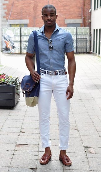 Cintura di tela bianca e blu scuro di Gucci