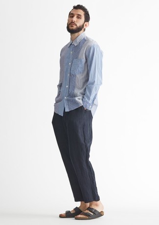 Camicia a maniche lunghe a righe verticali azzurra di Juun.J