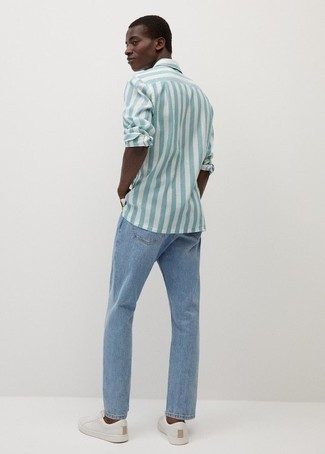 Camicia a maniche lunghe a righe verticali azzurra di Golden Goose Deluxe Brand