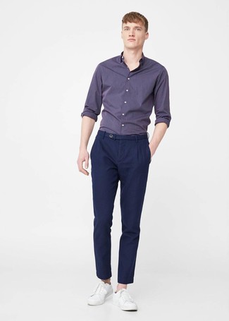 Camicia a maniche lunghe a righe verticali blu scuro di Thom Browne