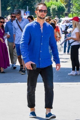 Camicia a maniche lunghe di lino blu di Mp Massimo Piombo